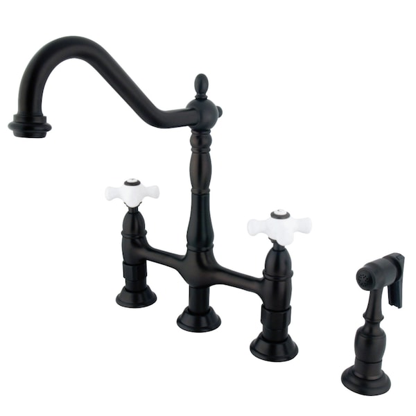 KS1275PXBS Heritage Bridge Kitchen Faucet W/ Brass Sprayer, Bronze